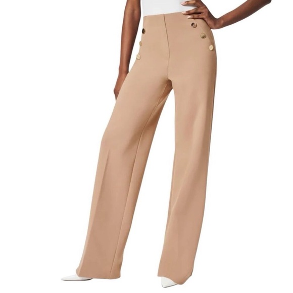 Chico's Camel colored Sailor style wide leg pants Sz 6 Medium Gold buttons - Picture 13 of 15